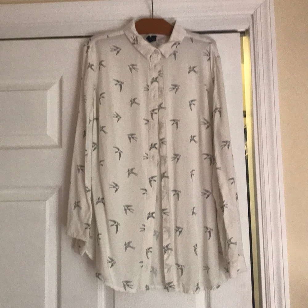 White button down with birds
